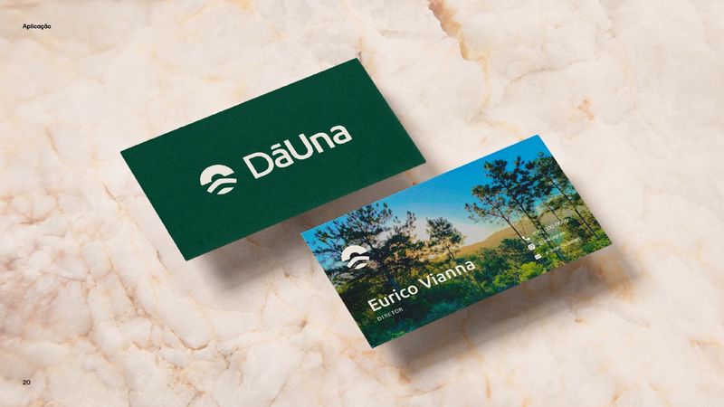 DāUna business card, green front with the brand and back with a photo of the landscape