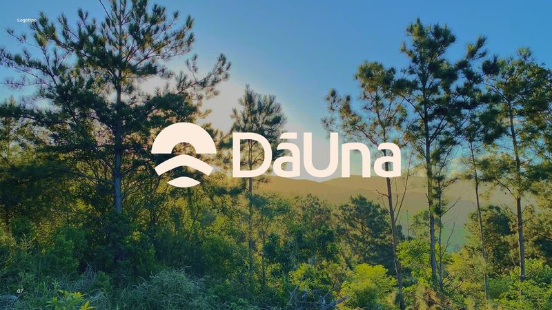 The DāUna brand in beige over a photo of the woods at sunrise
