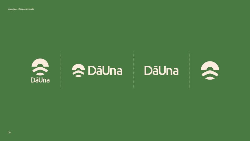 The four versions of the DāUna brand on a green background: vertical, horizontal, wordmark only and symbol only
